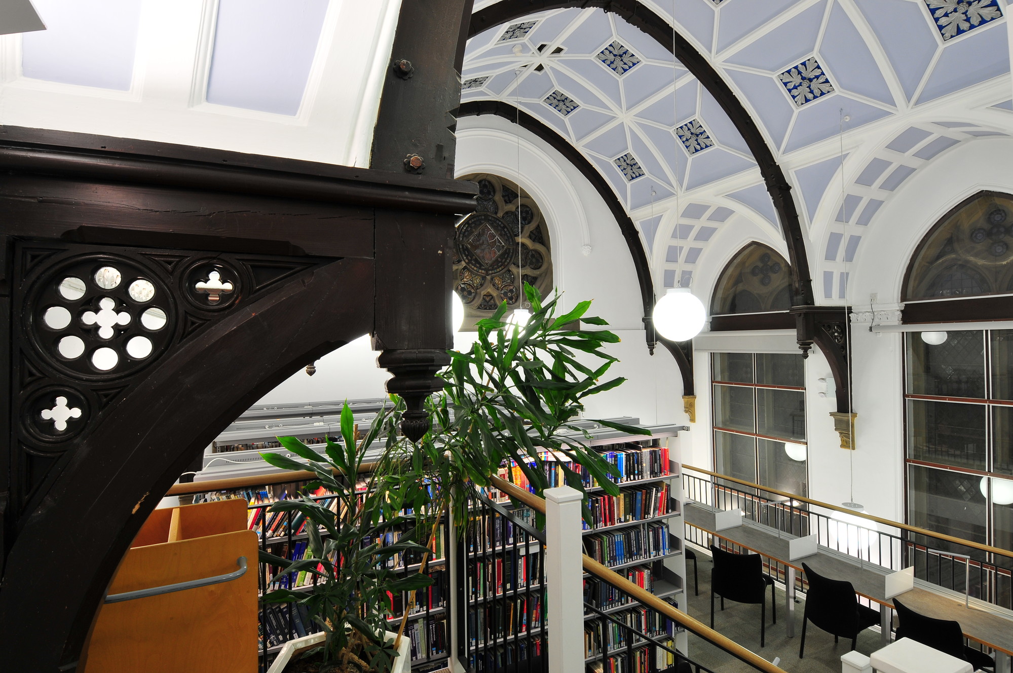 Library with vaulted and painted historic ceiling in Sir Titus Salt Building