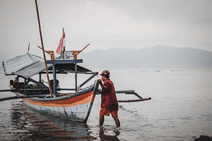 Fishing boat with fisherman in Lampung Indonesia